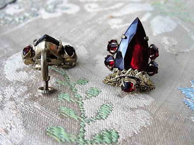 Antique Czech Glass and Filigree Earrings Ruby Red Stones Gilt Metal ...