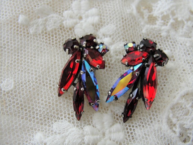 1950s red rhinestone aurora borealis clip on earrings