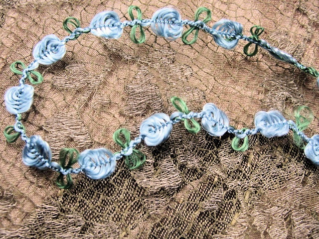 Vintage French Silk Ribbon Rosettes Roses Rococo Trim Ribbonwork French Blue Flower Passementerie Trim Flowers French Dolls Heirloom Sewing