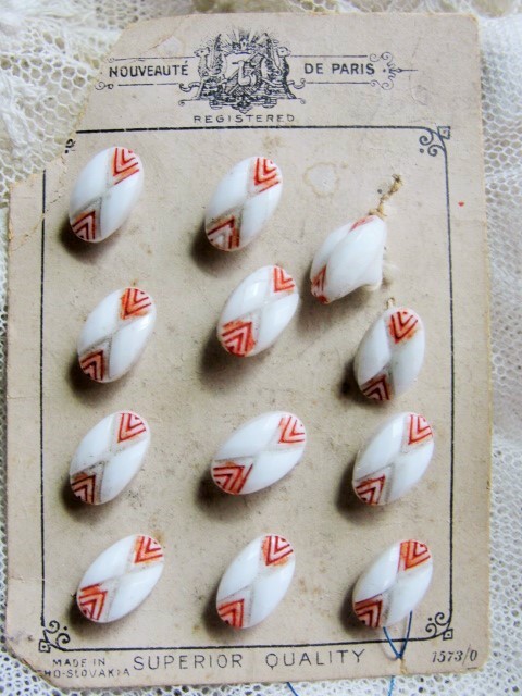 Antique Czech TINY Doll Size Glass Fancy Faceted Buttons White and Red Art Deco 3/8 Inch Never Used Still On Card For Doll or Button Collector