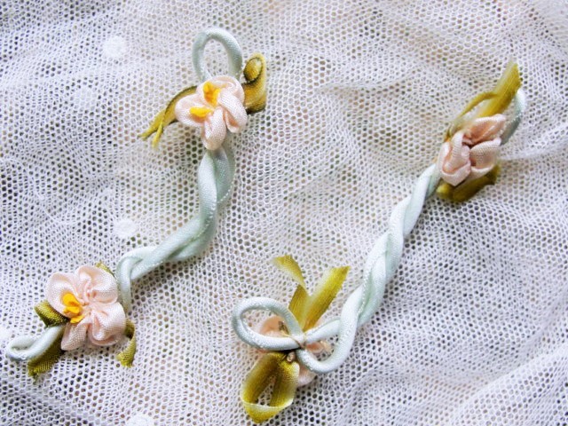 AUTHENTIC Antique French Ribbonwork Pink Rose Buds Rosette Ribbon Flowers 1920s Flapper Era Floral Pretty Pinks Blues Yellow Stamens Pair