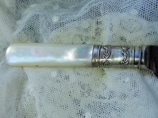 Lustrous Antique Birks Mother of Pearl Handle Knife Embossed Silver Band Decorative Tea or Dinner Table Flatware Romantic Decor