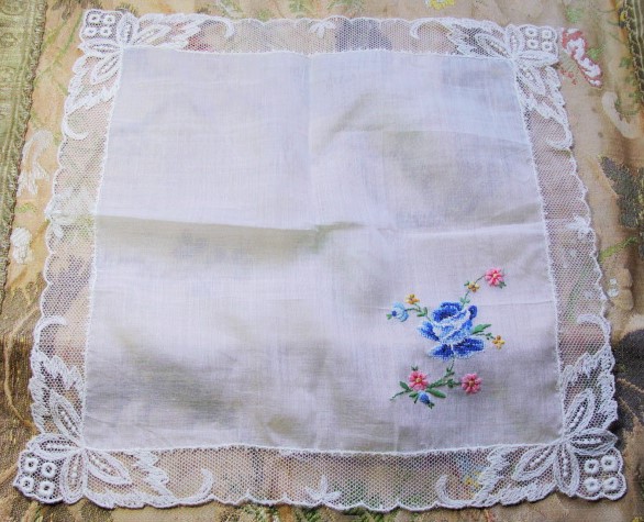BEAUTIFUL Antique Lace Hankie BRIDAL WEDDING HANDKERCHIEF Petite Point BLUE Rose French Tambour Lace Edge Something Blue
