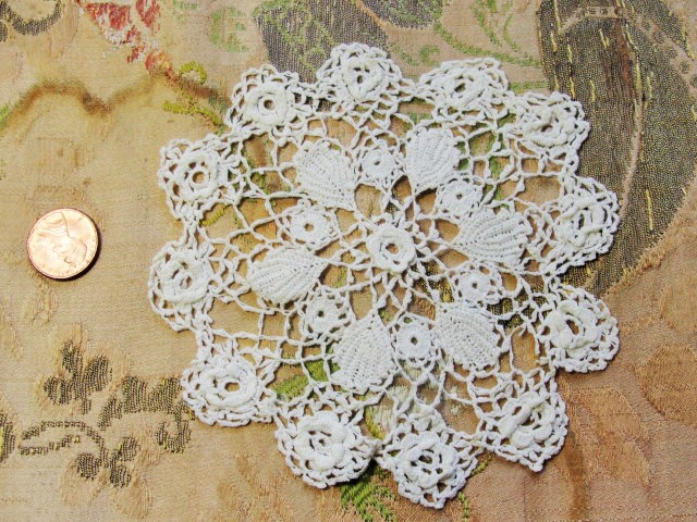 Antique Victorian Fine Irish Small Crochet Lace Doily Raised Roses Romantic Cottage Decor