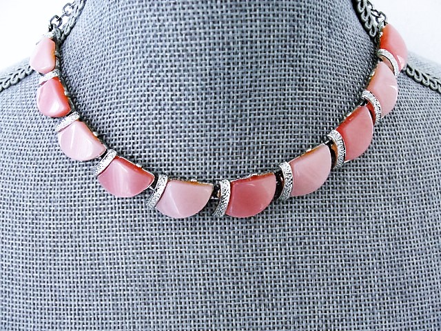 LUSH 50s Signed Designer CORO Pink Moon GlowThermoplastic and Silver Tone Metal Necklace Perfect to Wear or Collect Vintage Jewelry