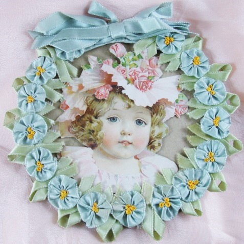ANTIQUE Ribbonwork Ribbon Flowers Rose Buds Rosettes Picture Photo Frame Unique Round Surrounded by Ribbon Rosettes