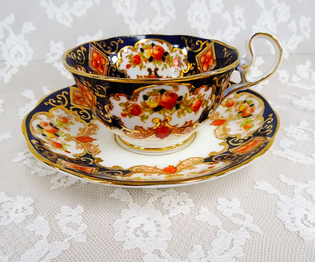 Antique Royal Albert DERBY Teacup & Saucer, Hand Painted,English Bone China,Cabinet Cup & Saucer,Collectible Vintage Teacups