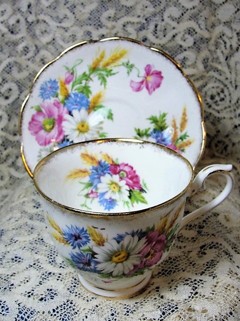 GORGEOUS Vintage Teacup and Saucer Royal Albert English Bone China Colorful Flowers HARVEST BOUQUET Vintage Cup and Saucer Tea Time Cups and Saucers Bridal Gifts House Warming Gift