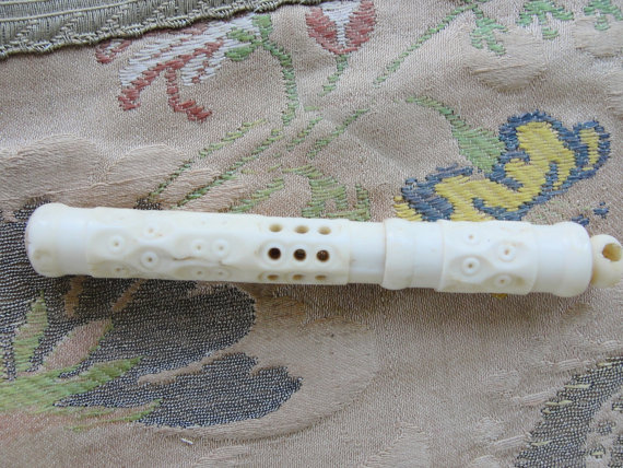 Beautiful NEEDLE CASE Antique Victorian Hand Carved Bone Pierce Work Open Work Elegant Carved Sewing Tool Collectible SAILOR Art