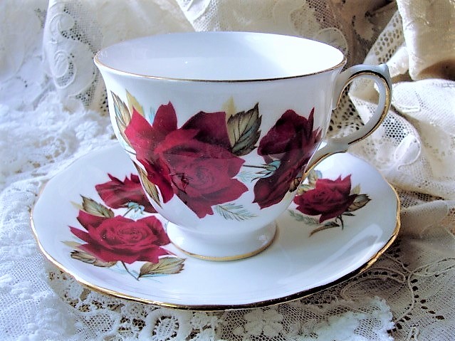 LUSH Vintage English Tea Cup and Saucer ROSES for Bridal Luncheons,Showers,Hostess Gift, Bridesmaid Gift, Wedding, Alice in Wonderland Tea Party