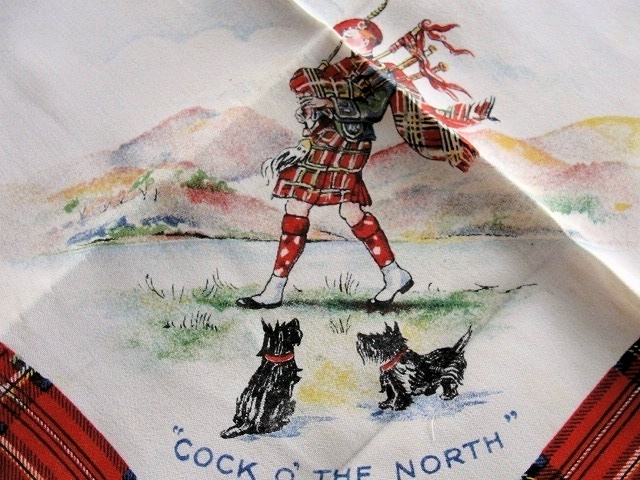 VINTAGE PRINTED SCOTTISH HANKY SCOTTISH TERRIERS SCOTTY DOGS COLORFUL TARTAN BORDER GREAT TO FRAME