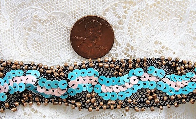 RARE Art Deco Flapper Era Bronze Beaded Trim Pink and Turquoise Blue Sequins on Black Netted Lace Spectacular Vintage Embellishment Lace Beaded Textile