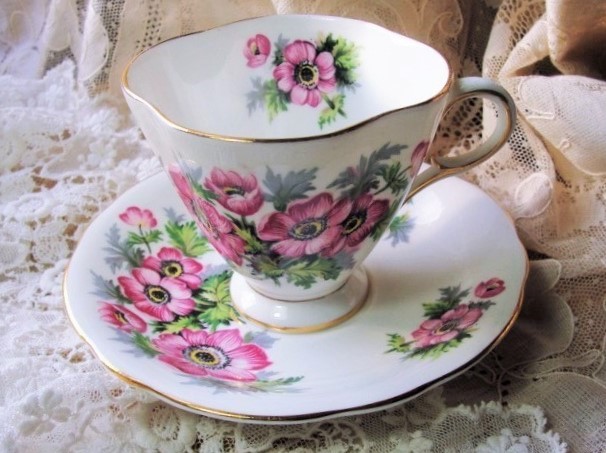 CHEERFUL Vintage English Tea Cup and Saucer PINK Flowers for Bridal Luncheons,Showers,Hostess Gift, Bridesmaid Gift, Wedding, Alice in Wonderland Tea Party